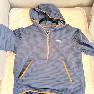 mens LLBean L slightly fitted Blue and Orange Hooded 1/2 zip Pullover men’s